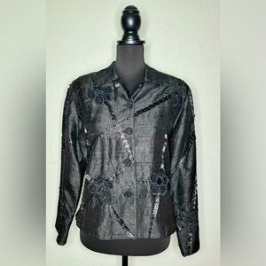 ANAGE Vintage 100% Silk Black Floral Beaded Jacket 3D Wearable Art Women's Small